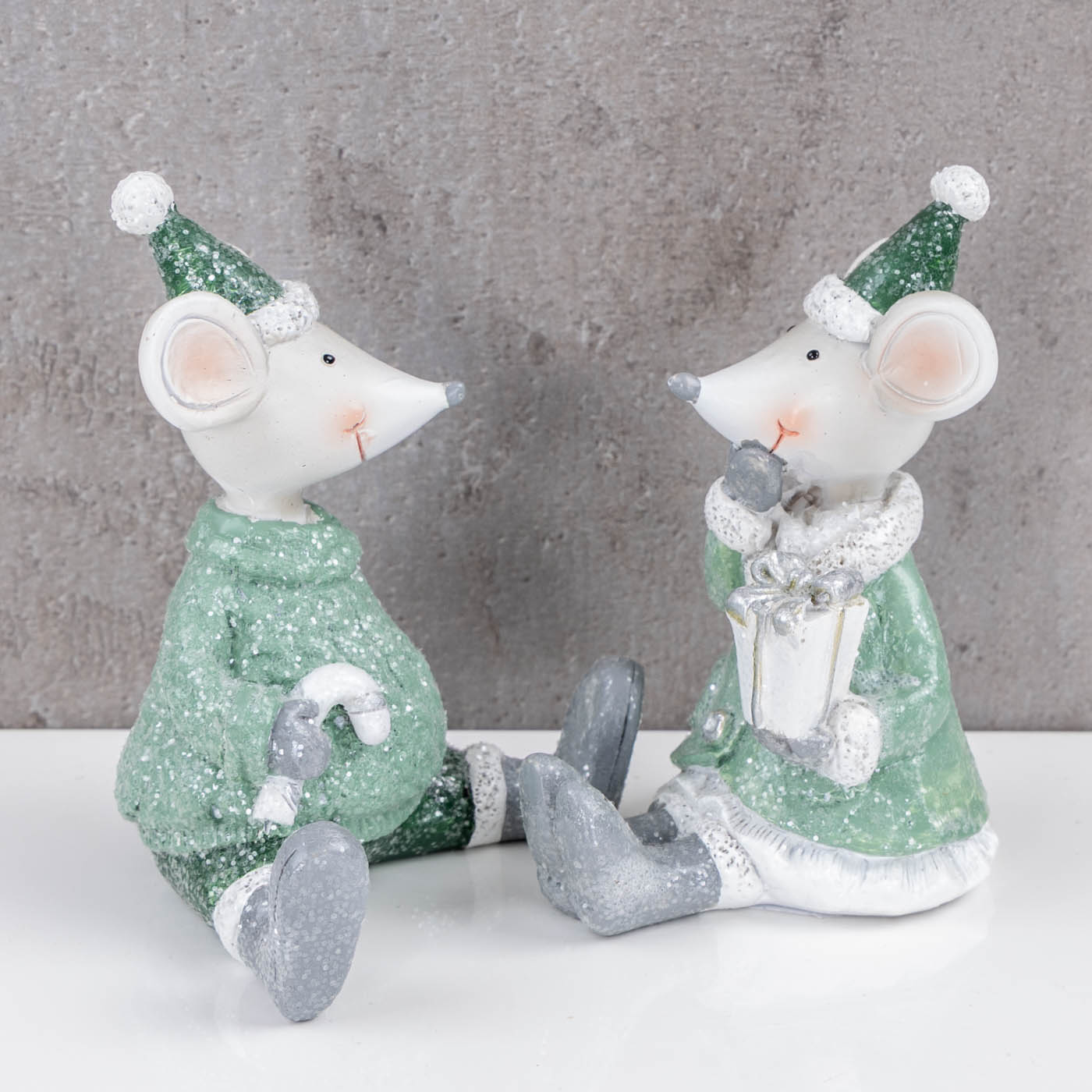 2er Set Mäuse Weihnachten Deko Kunstharz Grün Weiß Weihnachtsdeko Tischdeko
