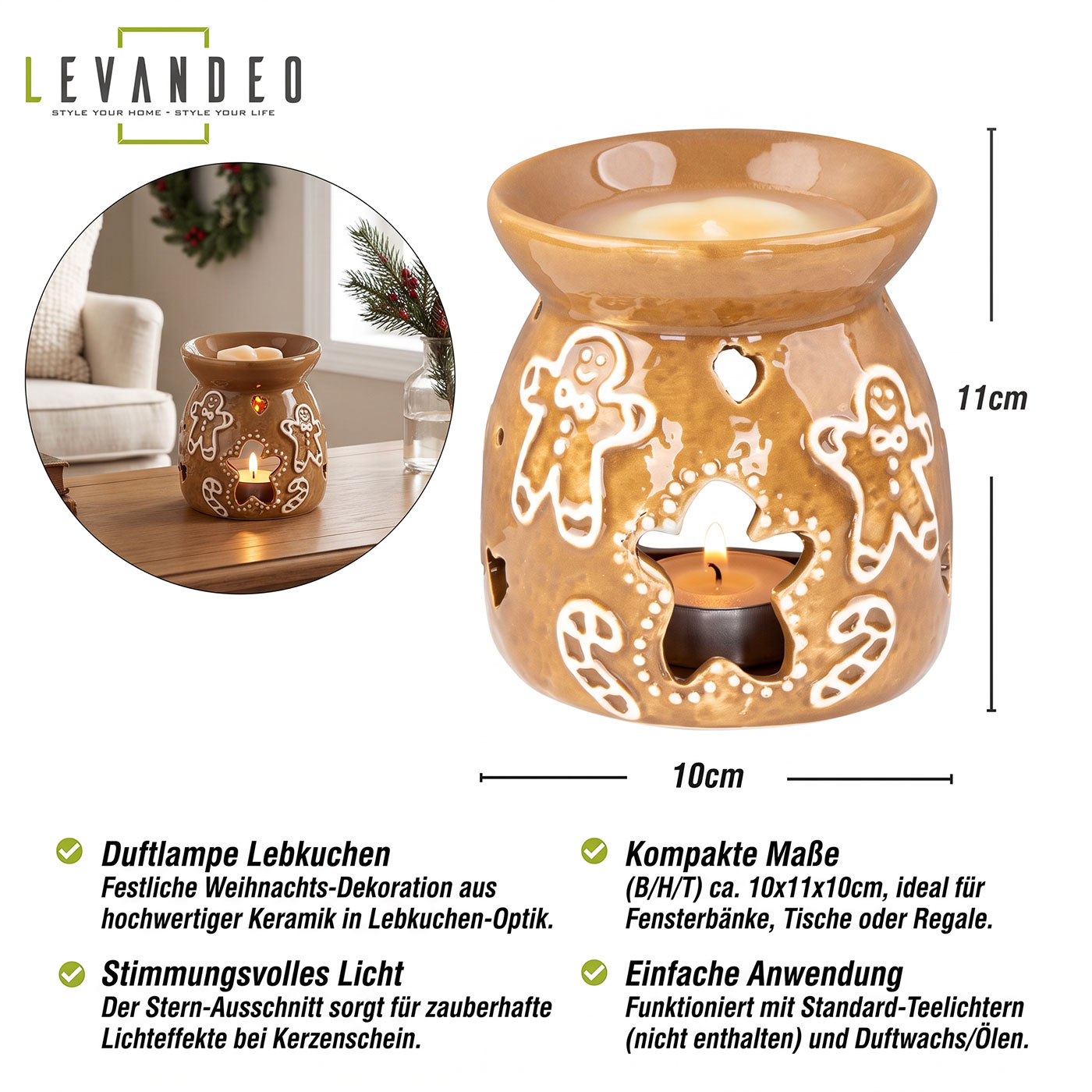 Duftlampe Lebkuchen H11cm Keramik Braun Weiß Aromalampe Weihnachten Tischdeko