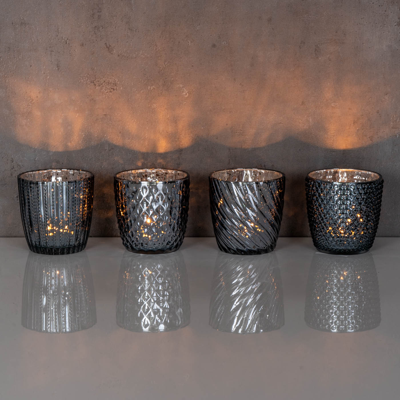 4er Set Windlicht H9cm Glas Silber Teelichthalter Tischdeko Kerzen Retro Deko