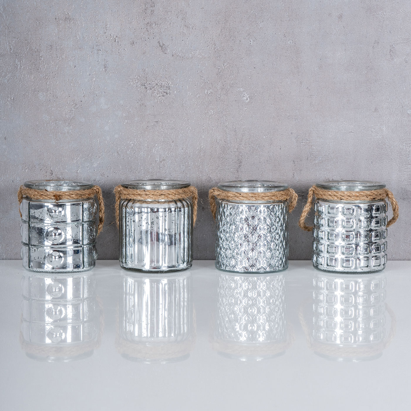 4er Set Windlicht H10cm Glas Silber Teelichthalter Tischdeko Kerzen Retro