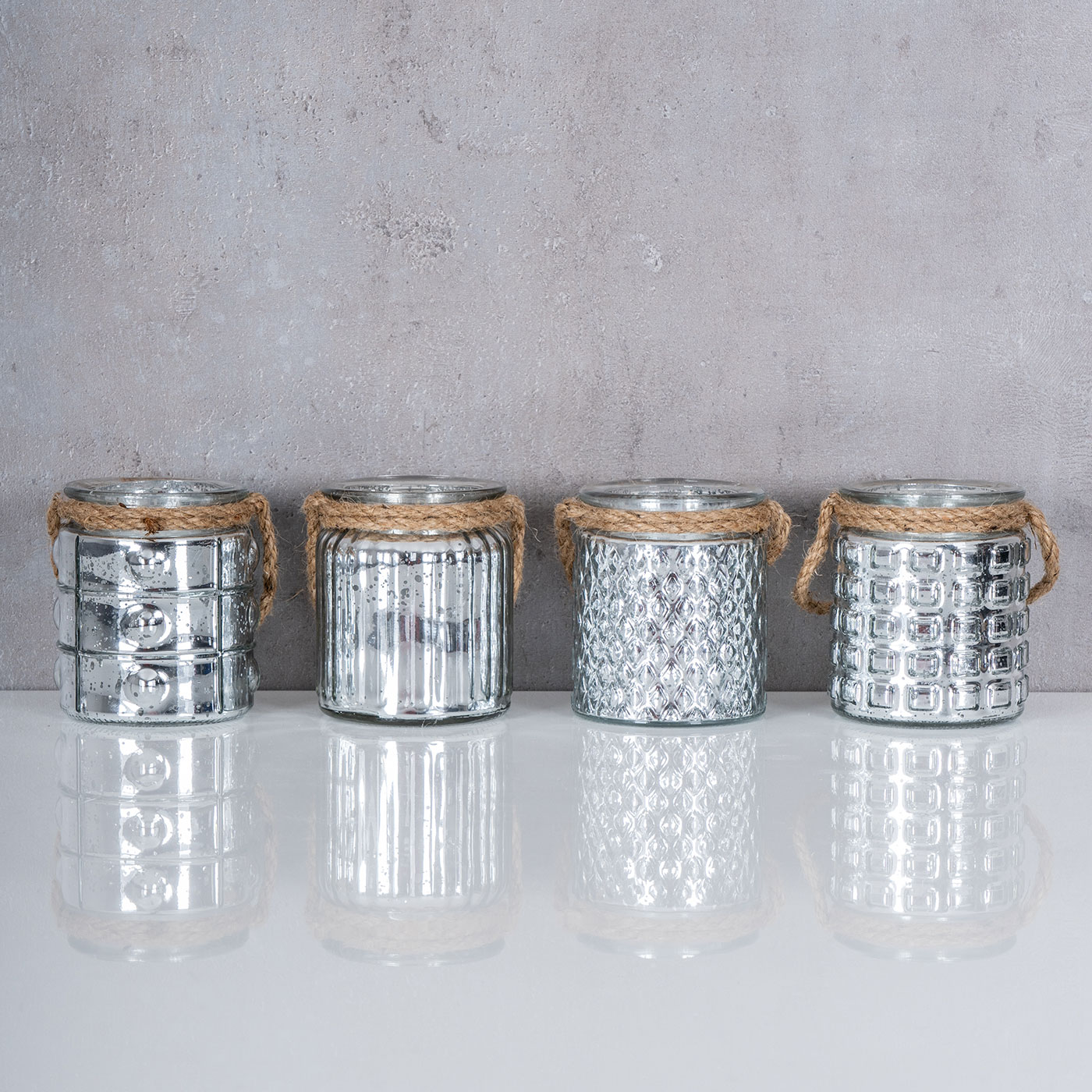 4er Set Windlicht H10cm Glas Silber Teelichthalter Tischdeko Kerzen Retro | Teelichthalter