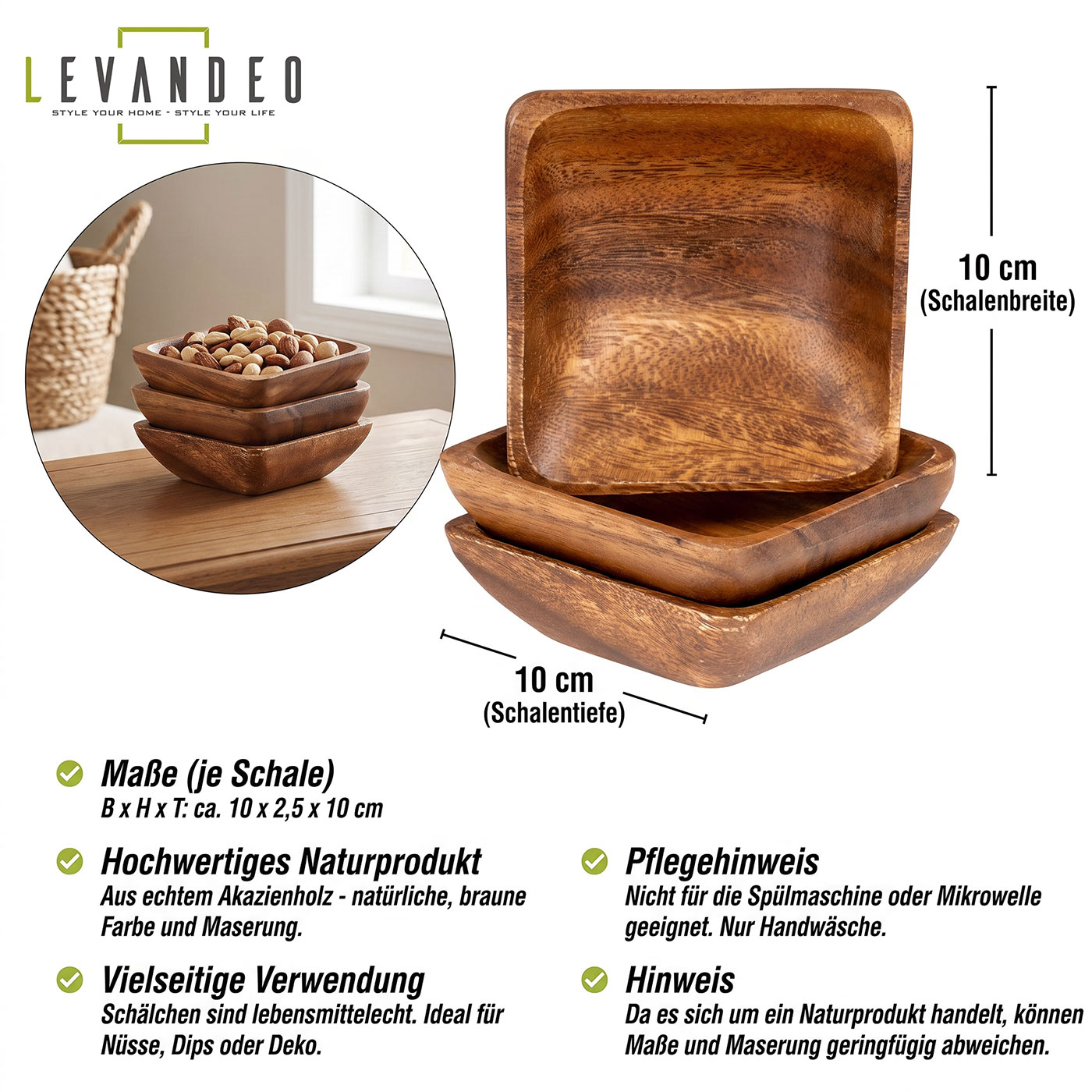 3er Set Snackteller Klein 10x10cm Akazienholz Teller Natur Tischdeko Holzschale