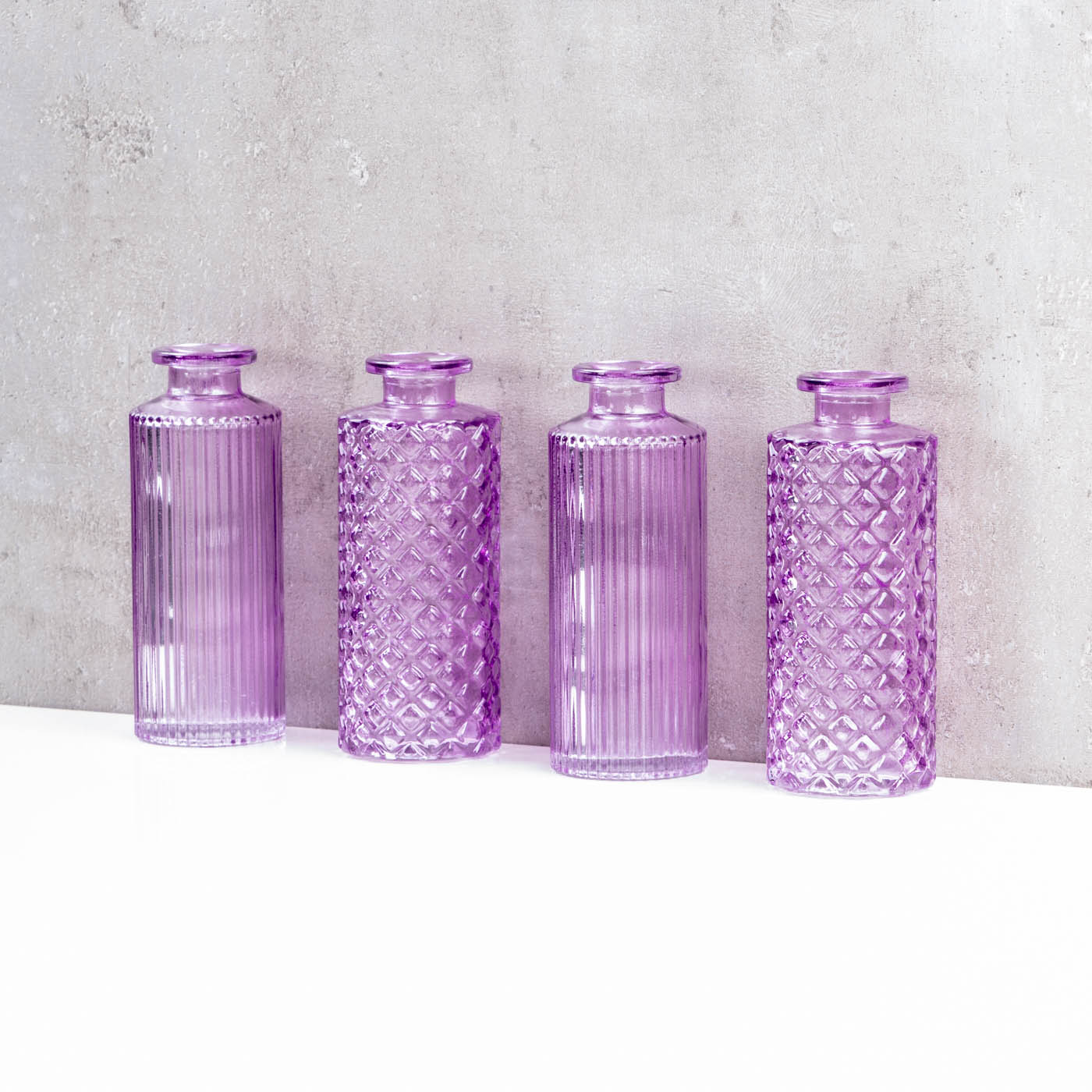 4er Set Vase Glas Lila H14cm Blumenvase Tischdeko Frühling Blumendeko Glasvase