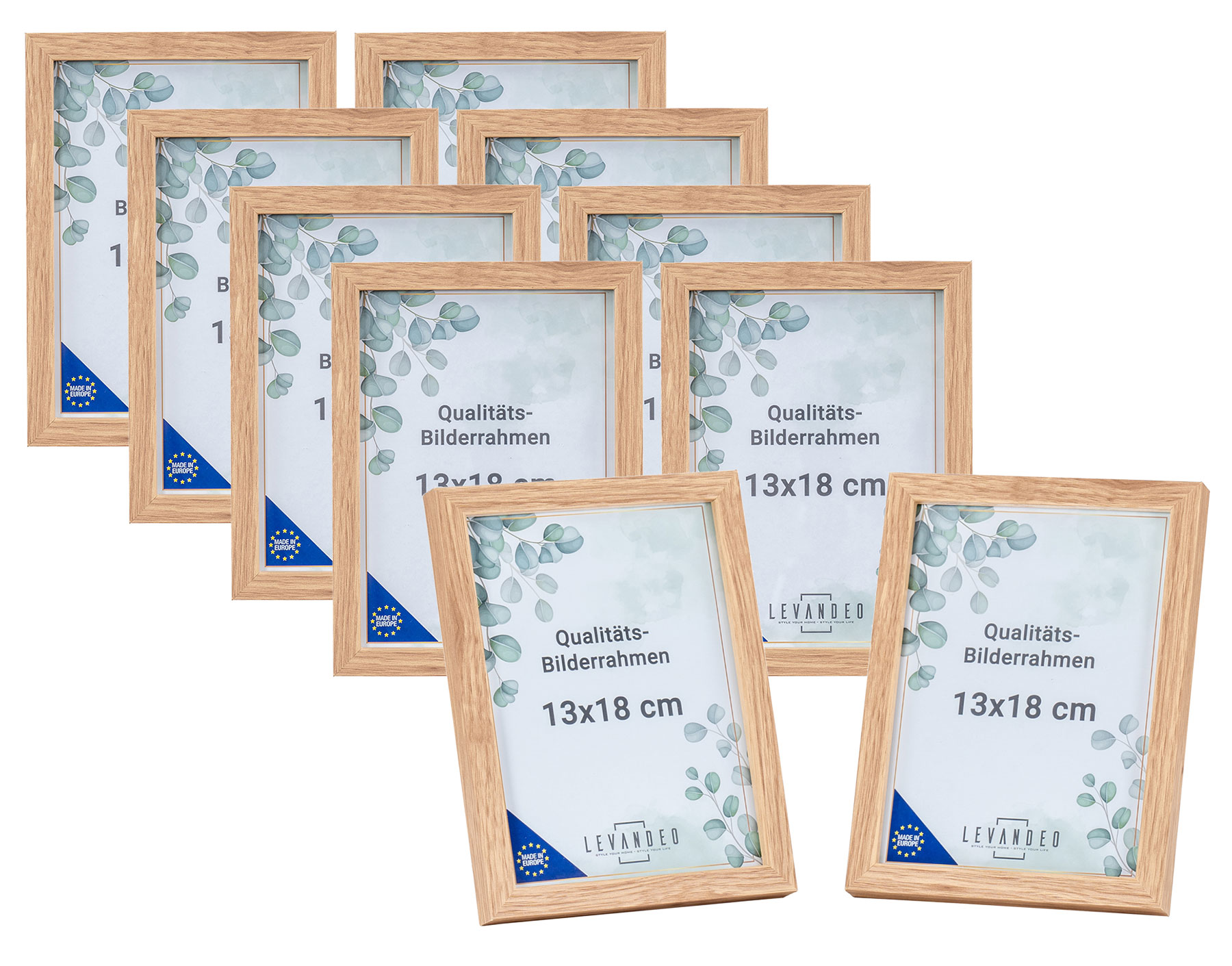 10er Set Portrait Bilderrahmen Made in EU 13x18 Eiche Optik Glasscheibe Fotorahmen