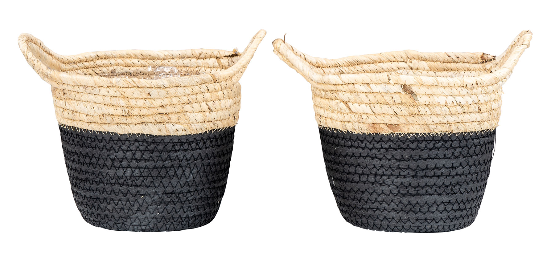 2er Set Korb Rund H15cm Natur Schwarz Pflanzkorb Geflochten Aufbewahrung Boho Deko