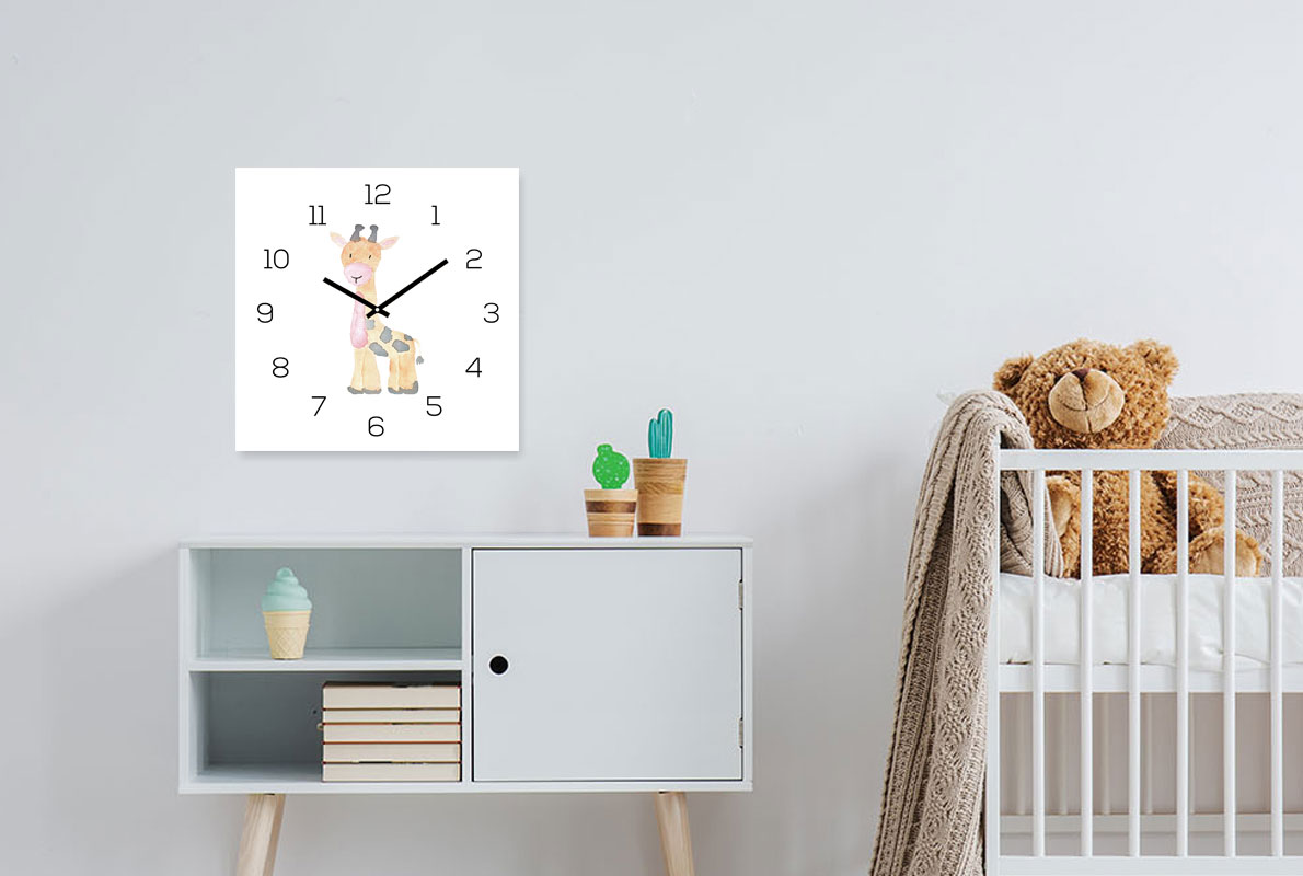 Wanduhr Zootiere 30x30cm Glas Giraffe Kinder Uhr Glasbild Tiermotiv Wanddeko