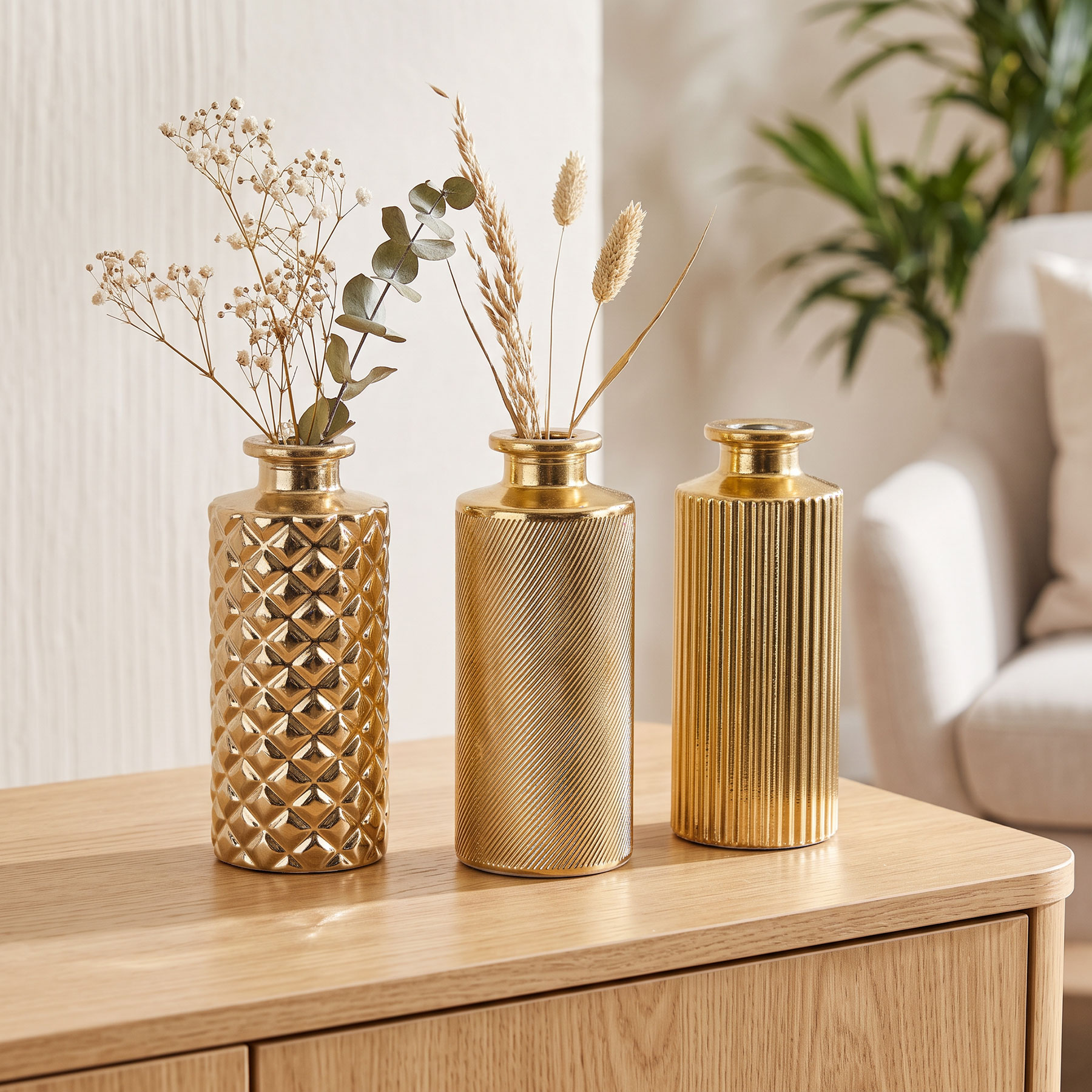 3er Set Vase H13cm Gold Glas Blumenvase Tischdeko Frühling Blumendeko Glasvase