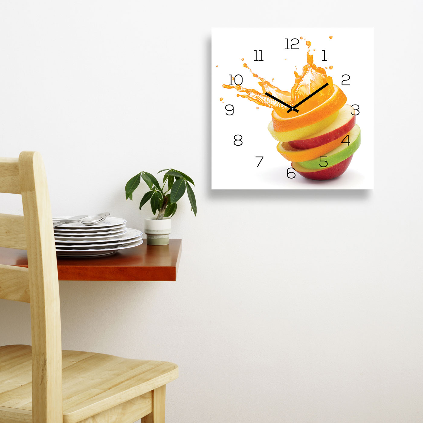 Wanduhr Glas 30x30cm Uhr Glasbild Orange Apfel Wasser Frucht Küche Wanddeko