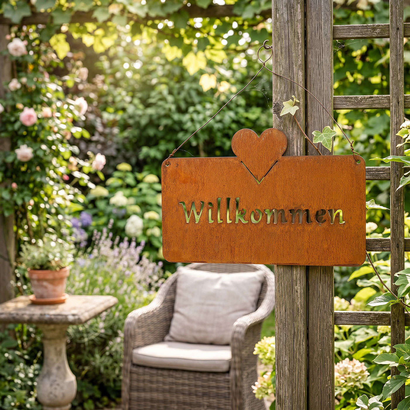 Willkommen Türschild Rost 25x16cm Gartendeko Eisen Hängeschild Gartenschild Herz