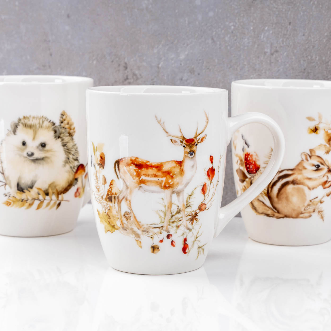 3er Set Kaffeetasse 340ml Porzellan Waldtiere Igel Hirsch Eichhörnchen Herbst