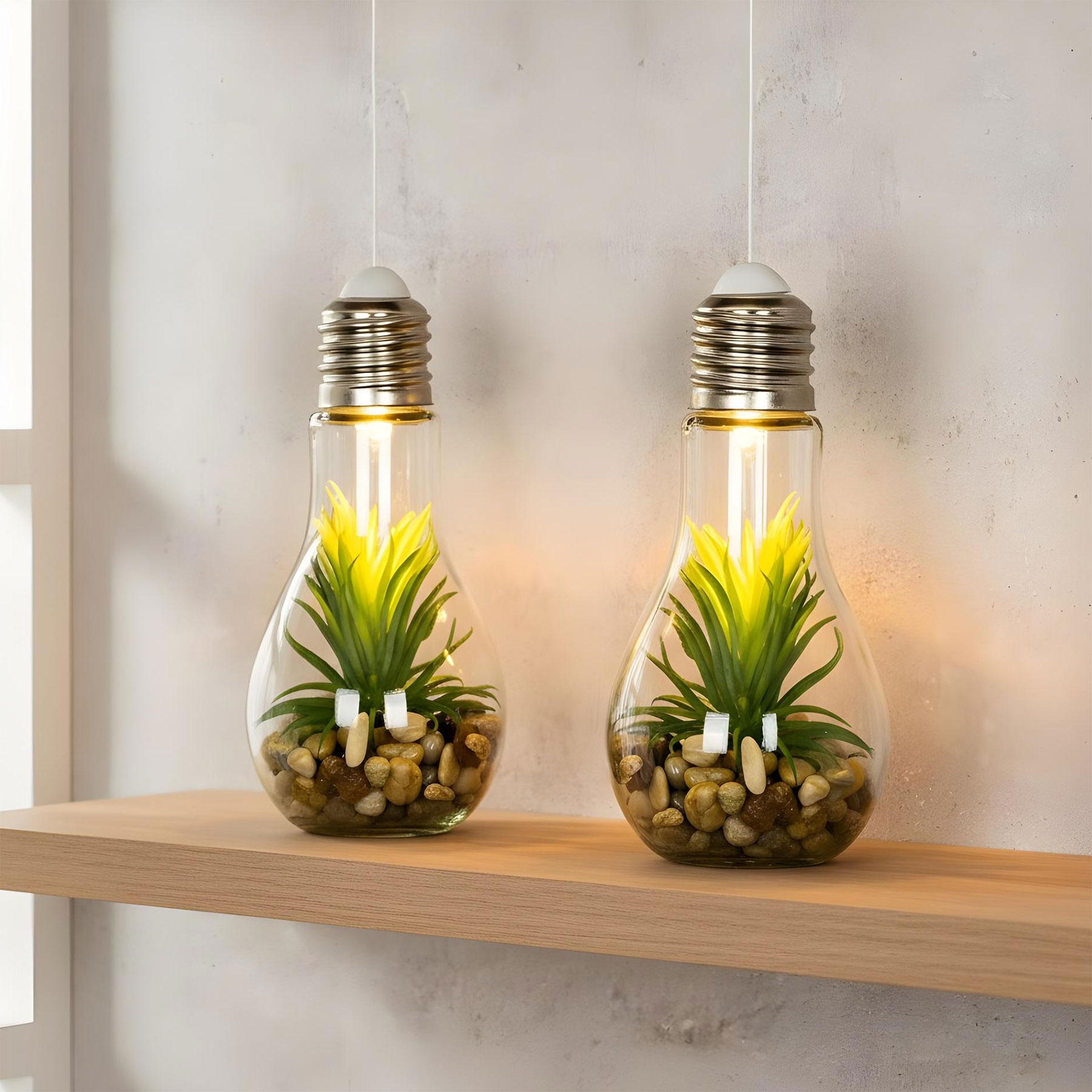 2er Set LED Glühbirne Sukkulenten H19cm Grün Deko Lampe Kunstpflanze Tischdeko