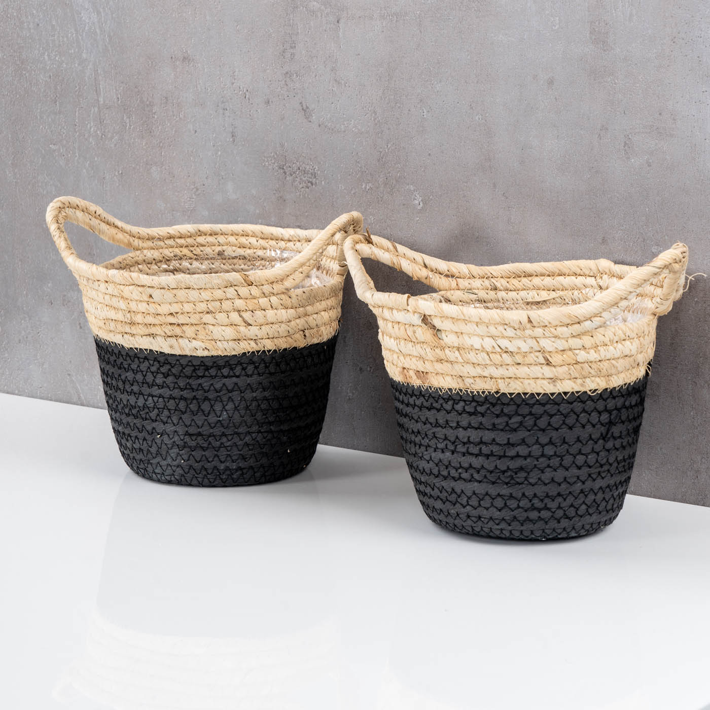 2er Set Korb Rund H15cm Natur Schwarz Pflanzkorb Geflochten Aufbewahrung Boho Deko