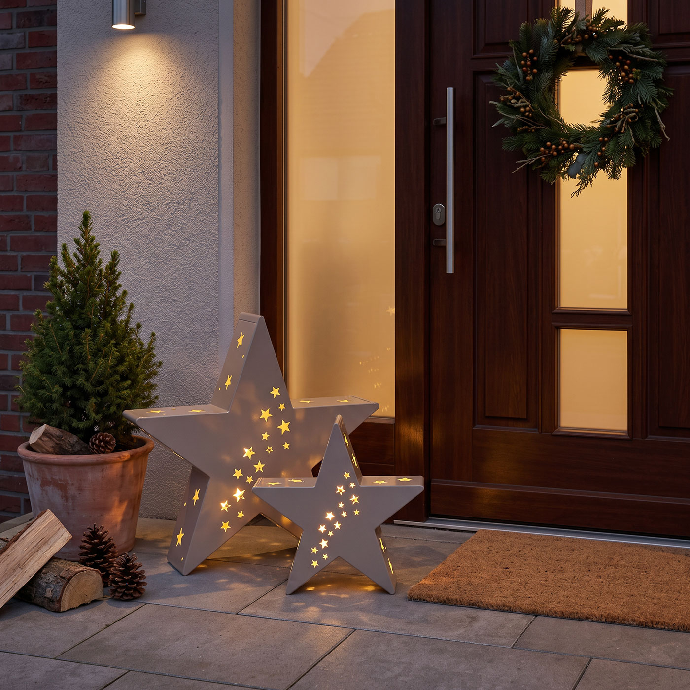 2er Set Kerzenhalter 30-45cm Laterne Stern Metall Beige Weihnachtsdeko Aufsteller