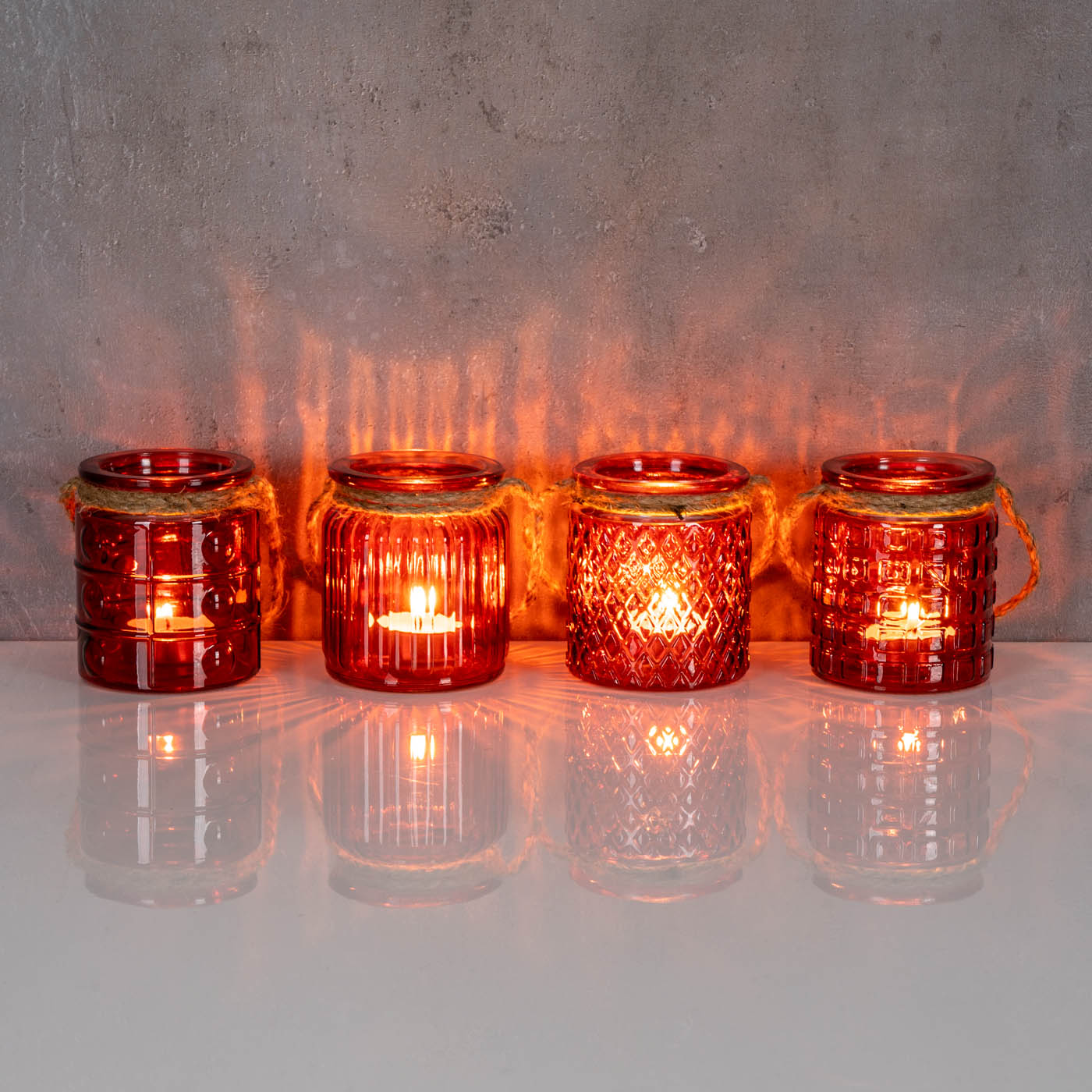 4er Set Windlicht H10cm Glas Rot Bordeaux Teelichthalter Tischdeko Kerzen Retro