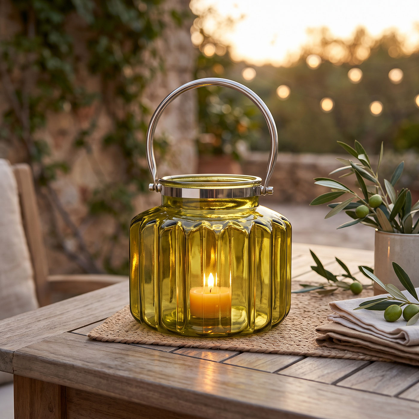 XXL Windlicht Grün Glas Laterne Kerzenhalter Rillen Herbstdeko Tischdeko