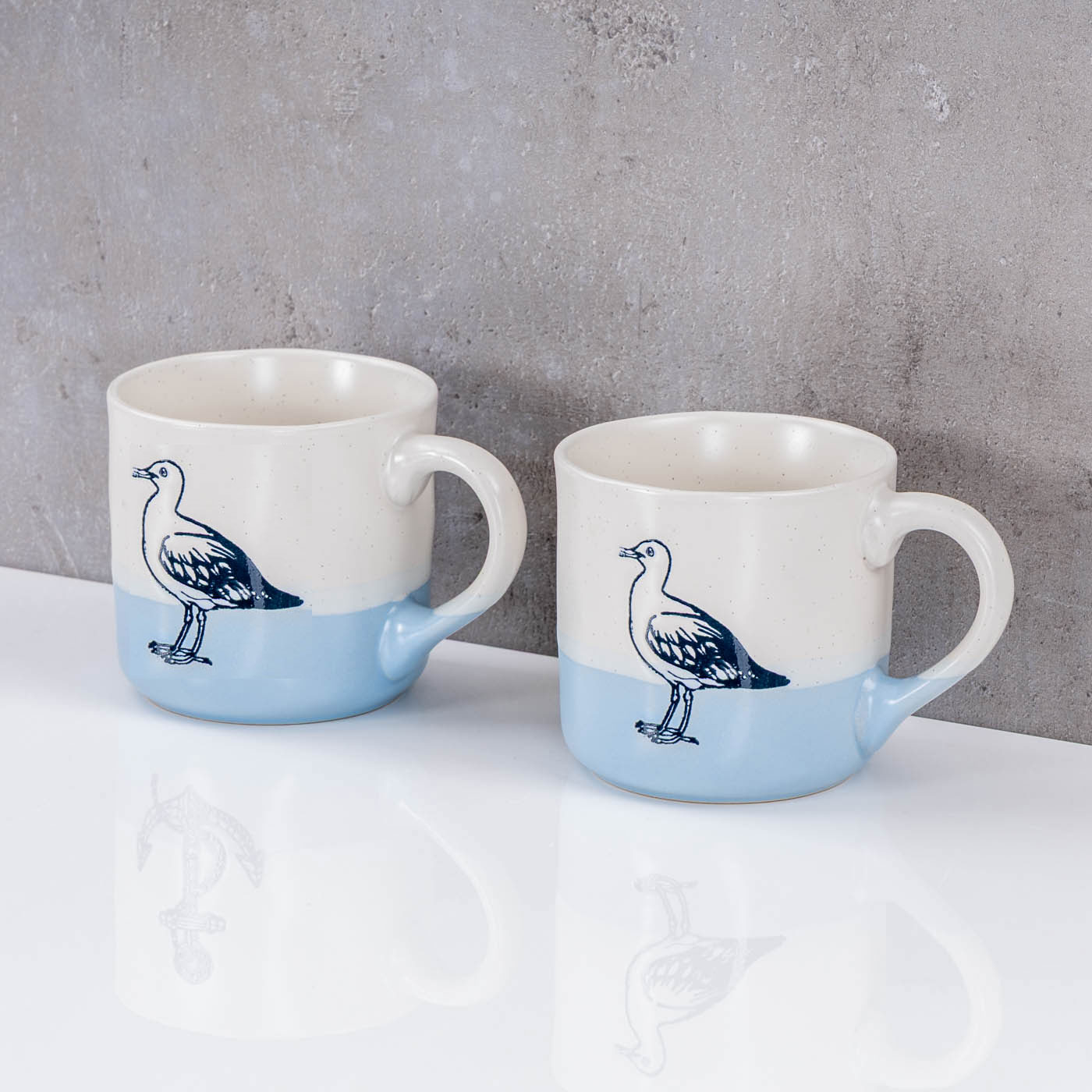 2er Set Tassen Möwe 350ml Steingut Kaffeetasse Becher Blau Maritim Design