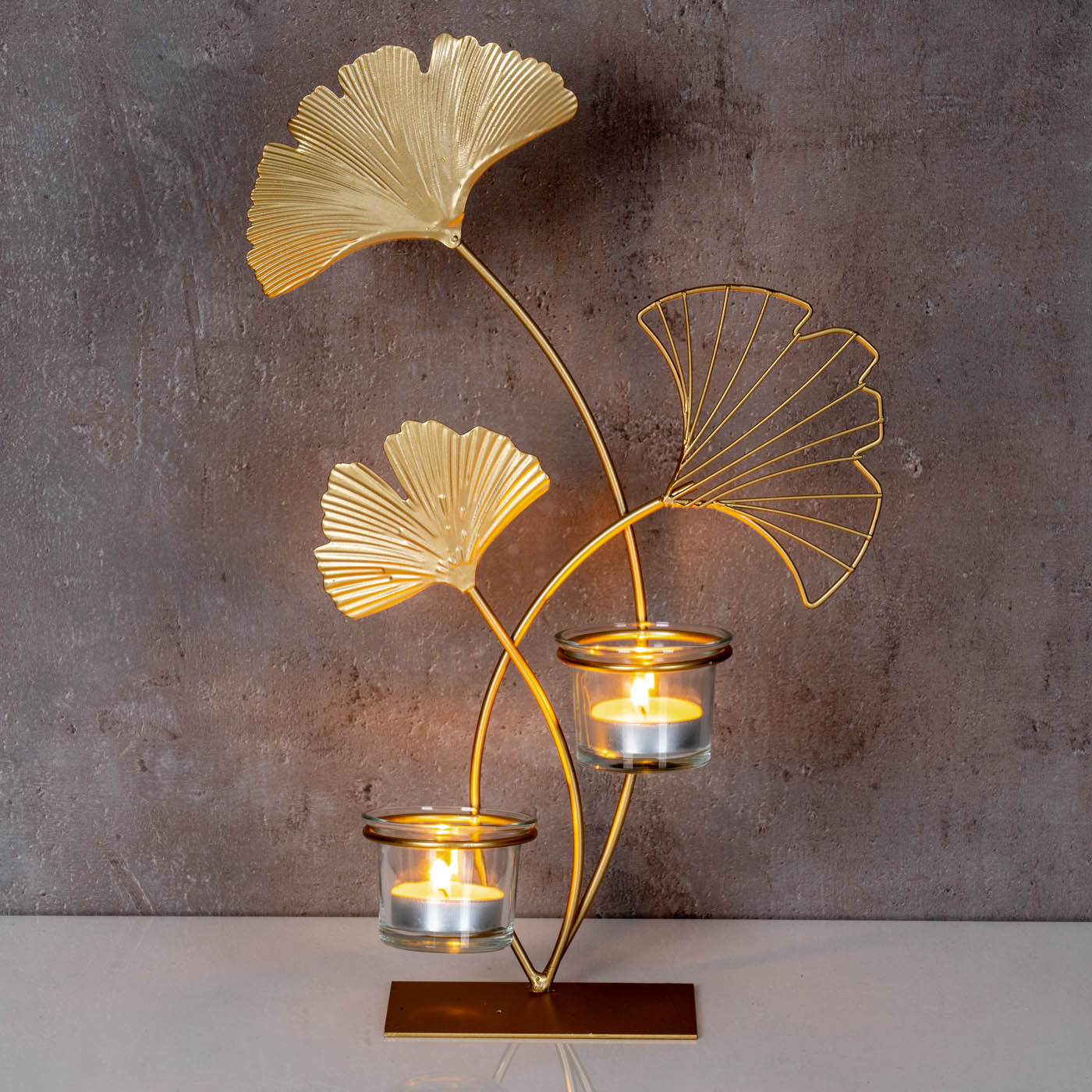 Teelichthalter H34cm Ginkgo Gold Metall Kerzenhalter Kerzenständer Tischdeko