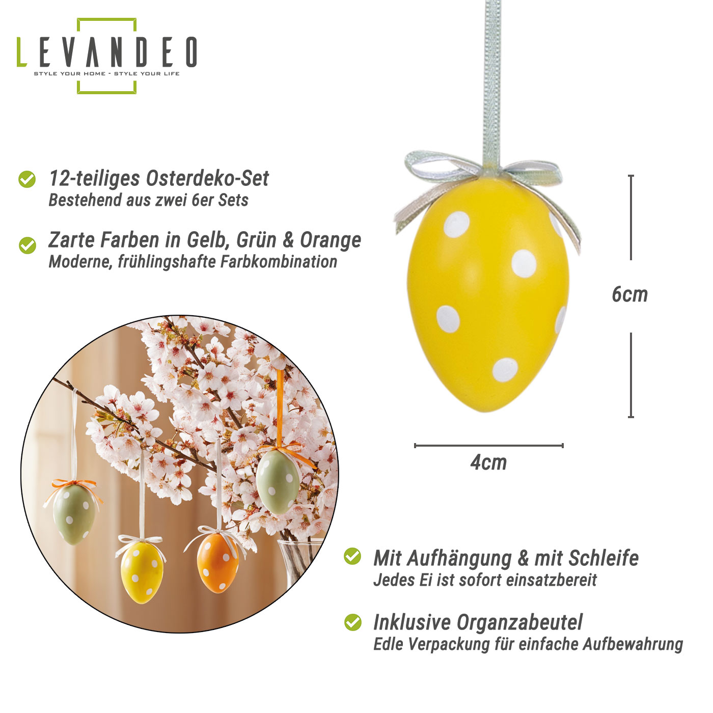 12er Set Deko Eier Hängedeko Ostern Gelb Orange Grün Punkte Ostereier zum Aufhängen