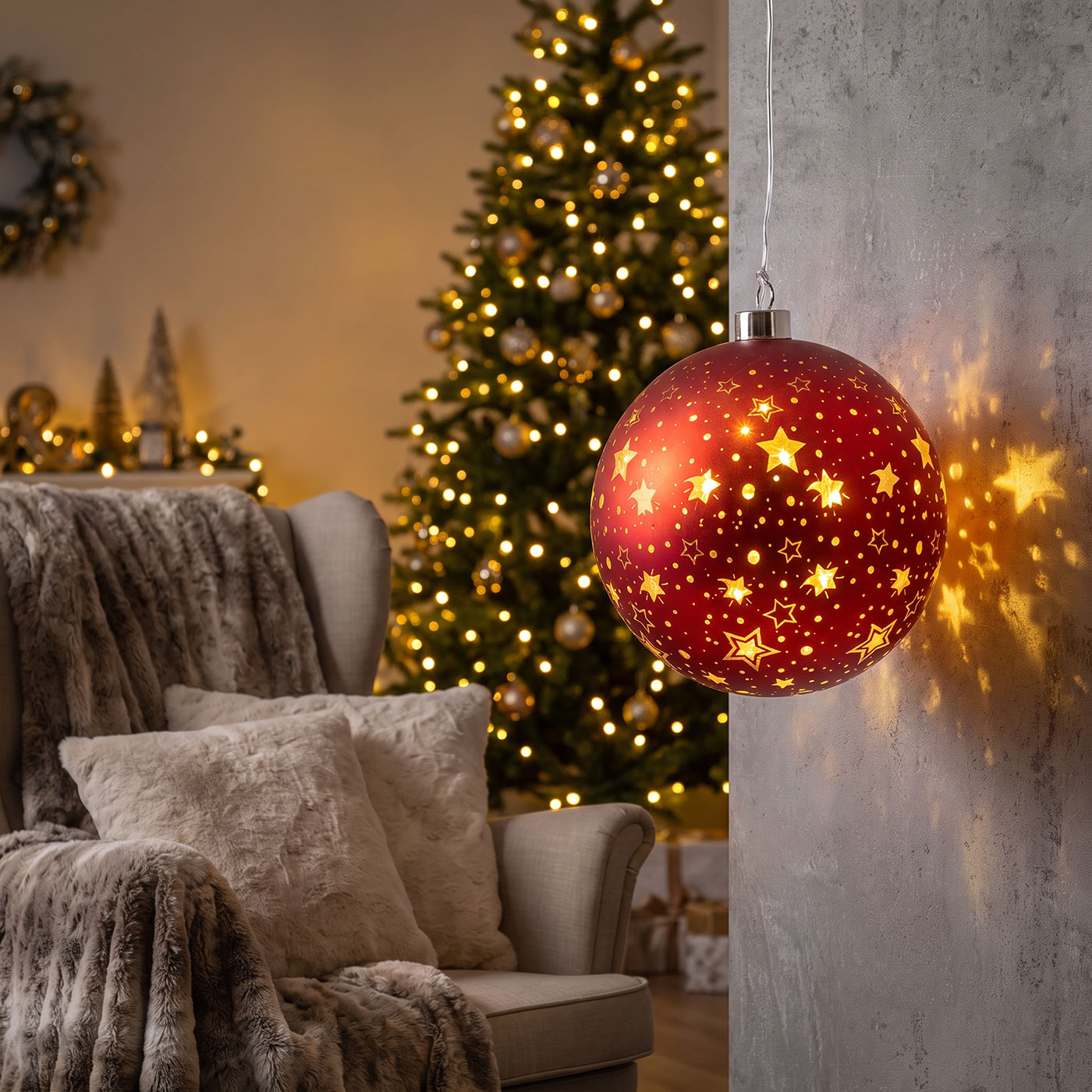 LED Deko Kugel 15cm Rot Gold Weihnachten Sterne Weihnachtskugel Hängedeko