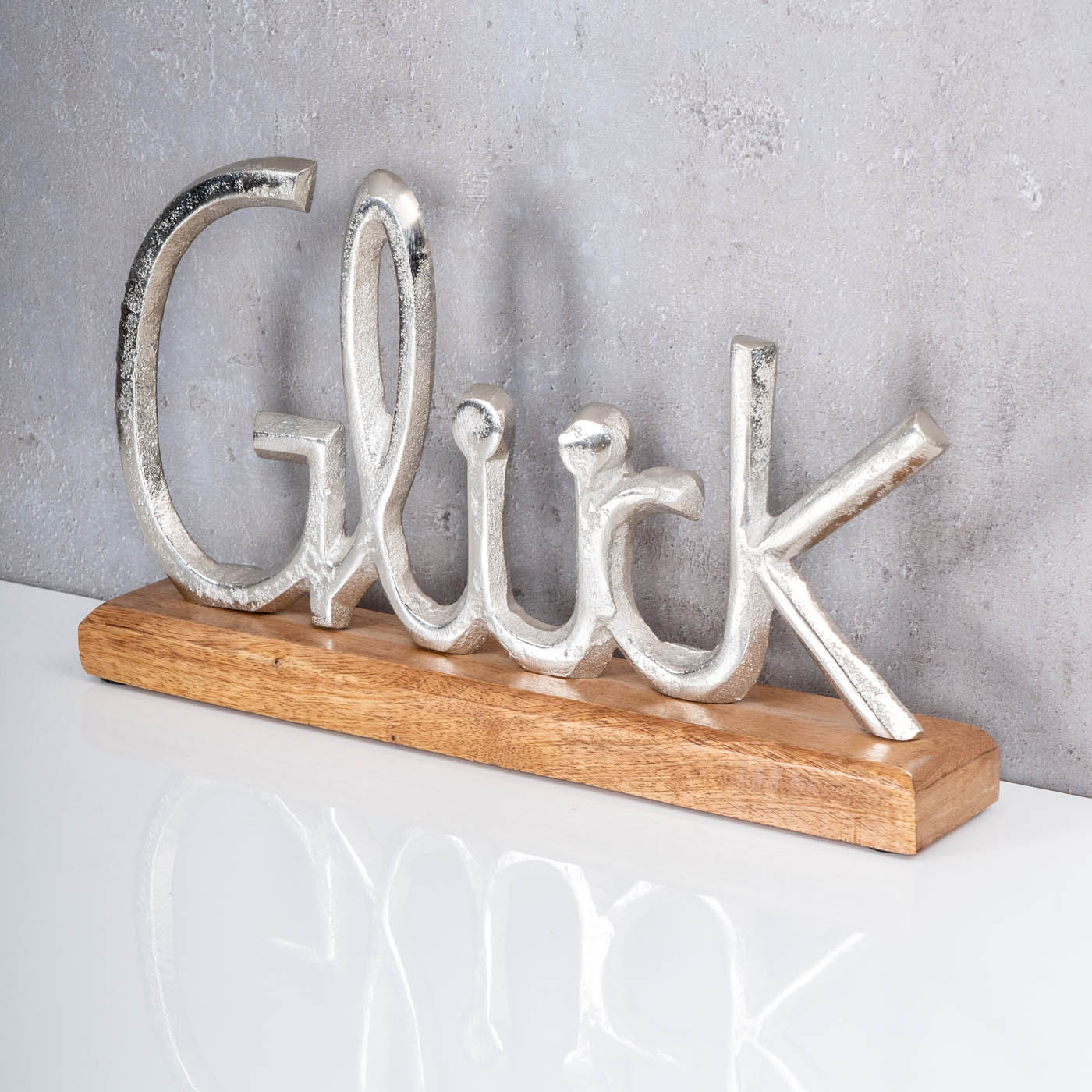 Schriftzug Glück L29cm Metall Silber Mango Holz Tischdeko Deko Aufsteller