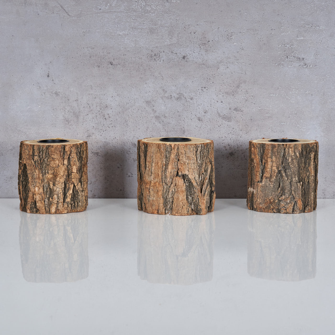 3er Set Teelichthalter Holz H10cm Kerzenhalter Kerzenständer Baum Natur Unikat