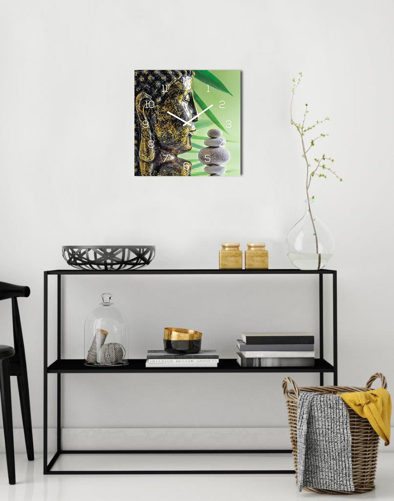 Wanduhr Glas 30x30cm Uhr Glasbild Buddha Kopf Steine Grün Wellness Wanddeko