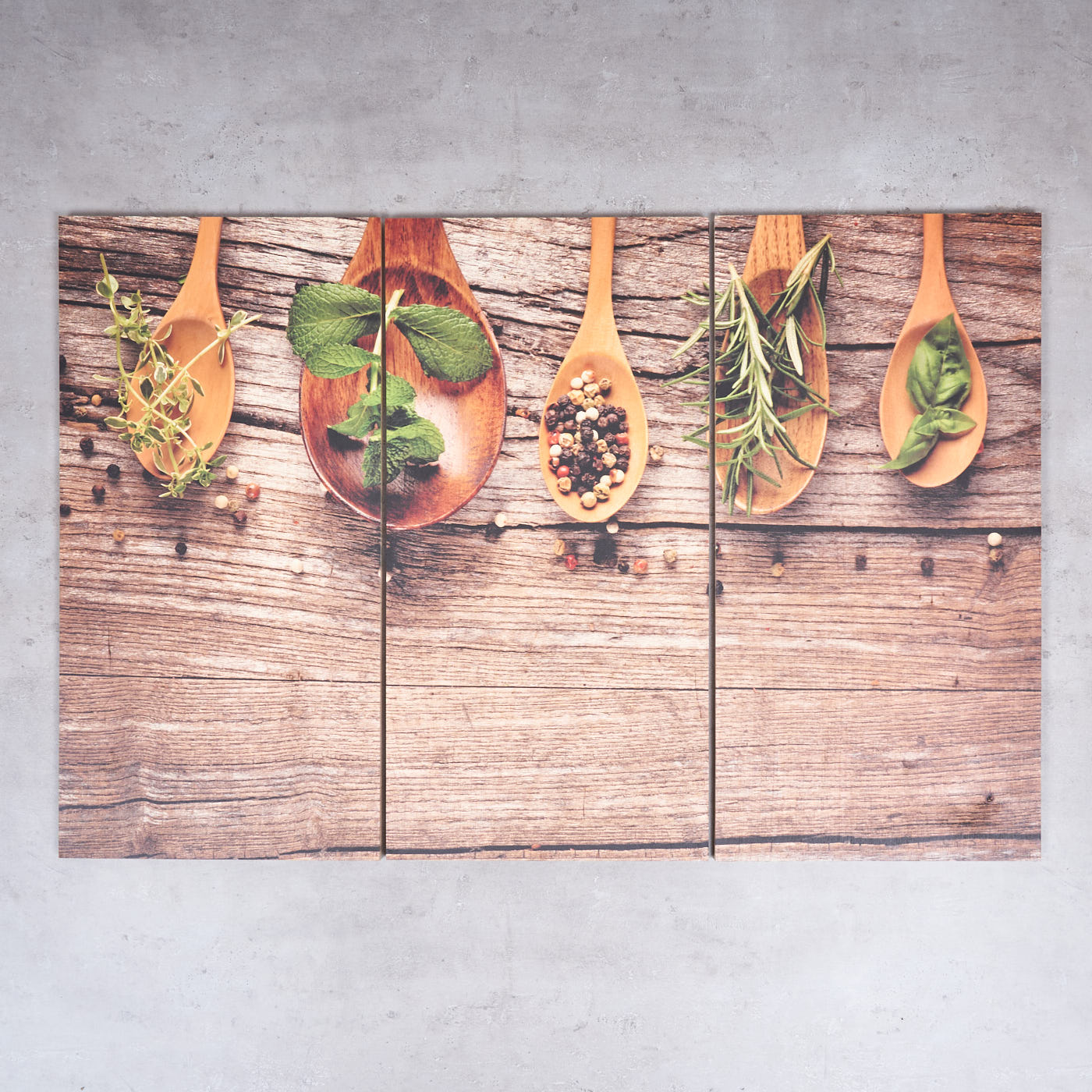 3er Set Wandbild 90x60cm Holz Birkenholz Kräuter Gewürze Küche Holzbild Wanddeko