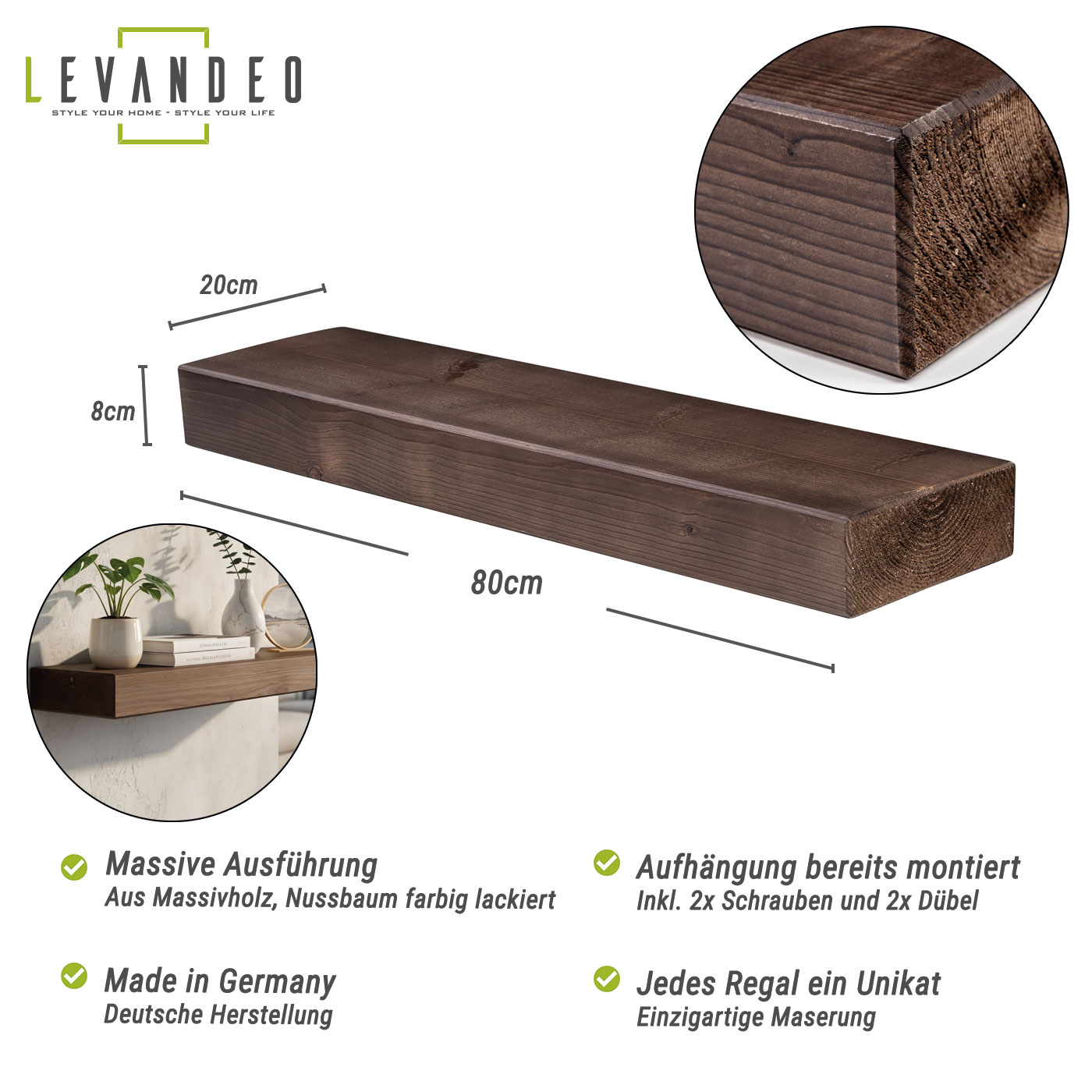 levandeo Wandregal Holz Massiv 80x20cm Nussbaum Farbig Wandboard Regal Vintage