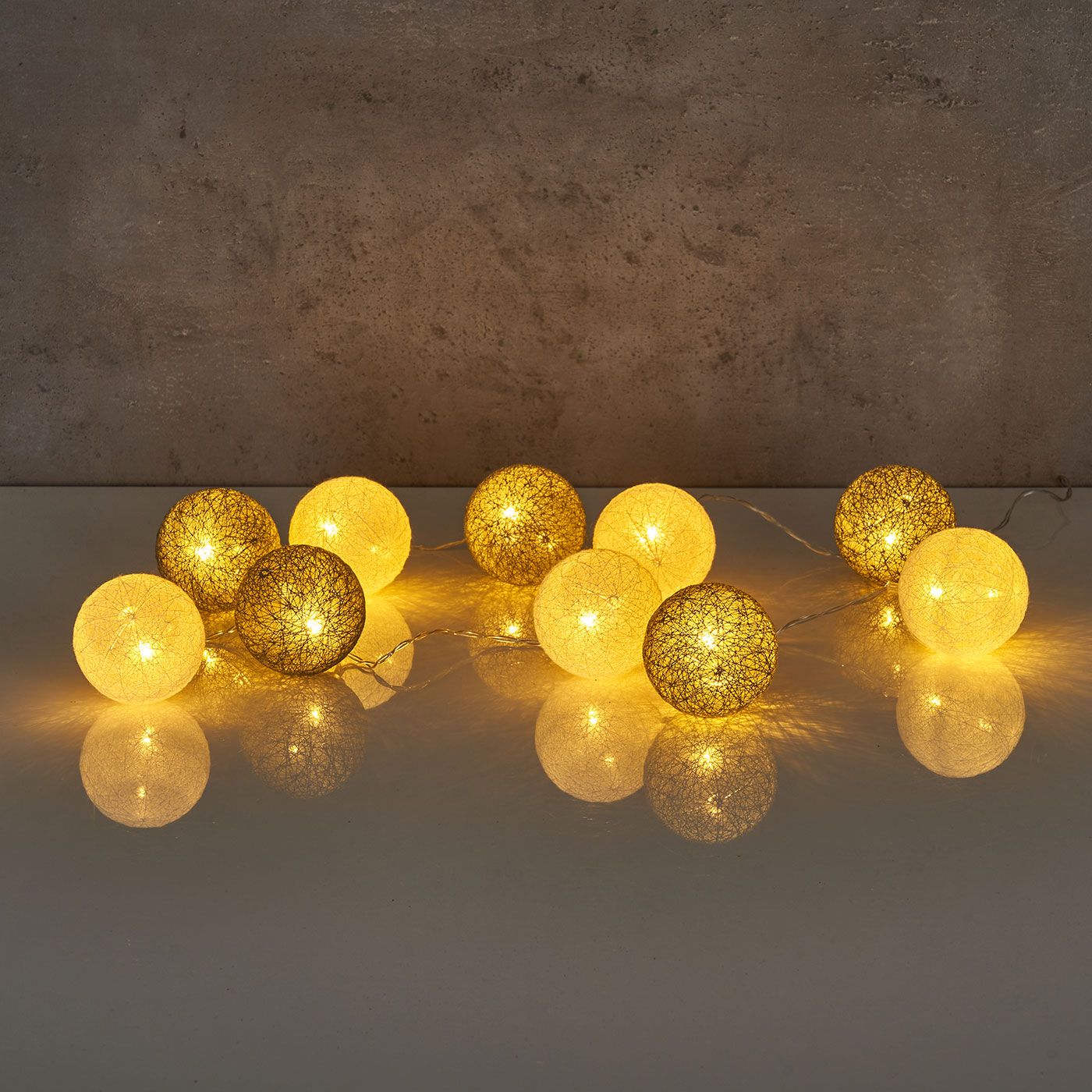 10er Lichterkette LED Ø6cm Kugeln Girlande Lampions Baumwolle Weiß Grau 