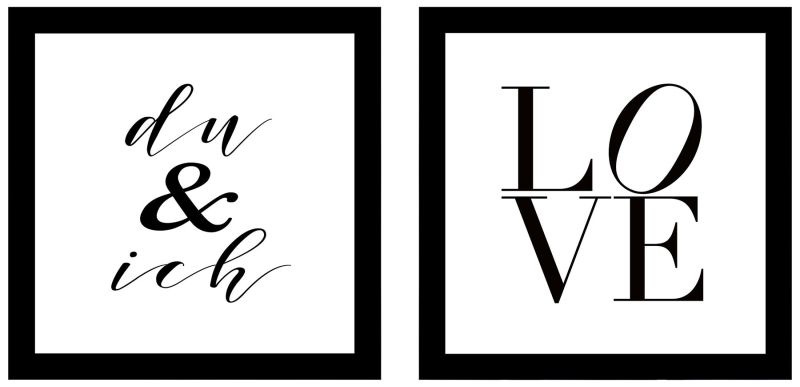 2er Set Wandbild 20x20cm Du Ich Love Glas Schwarz Weiß Kunstdruck Liebe
