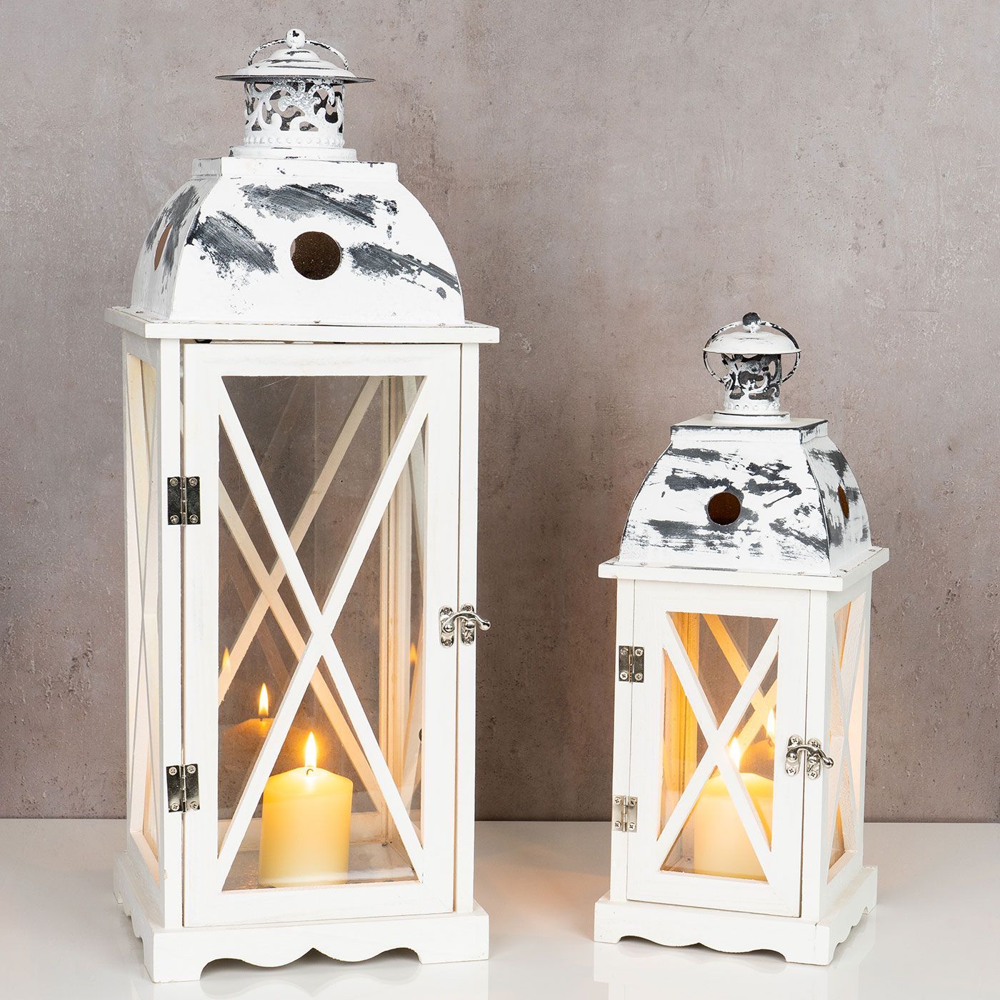 2tlg. Laternen Set Holz weiß Metall Glas Shabby Chic 42cm & 60cm 2er