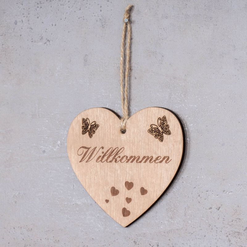 Herz Willkommen 10x9cm Birkenholz Sprüche Deko Holz Anhänger