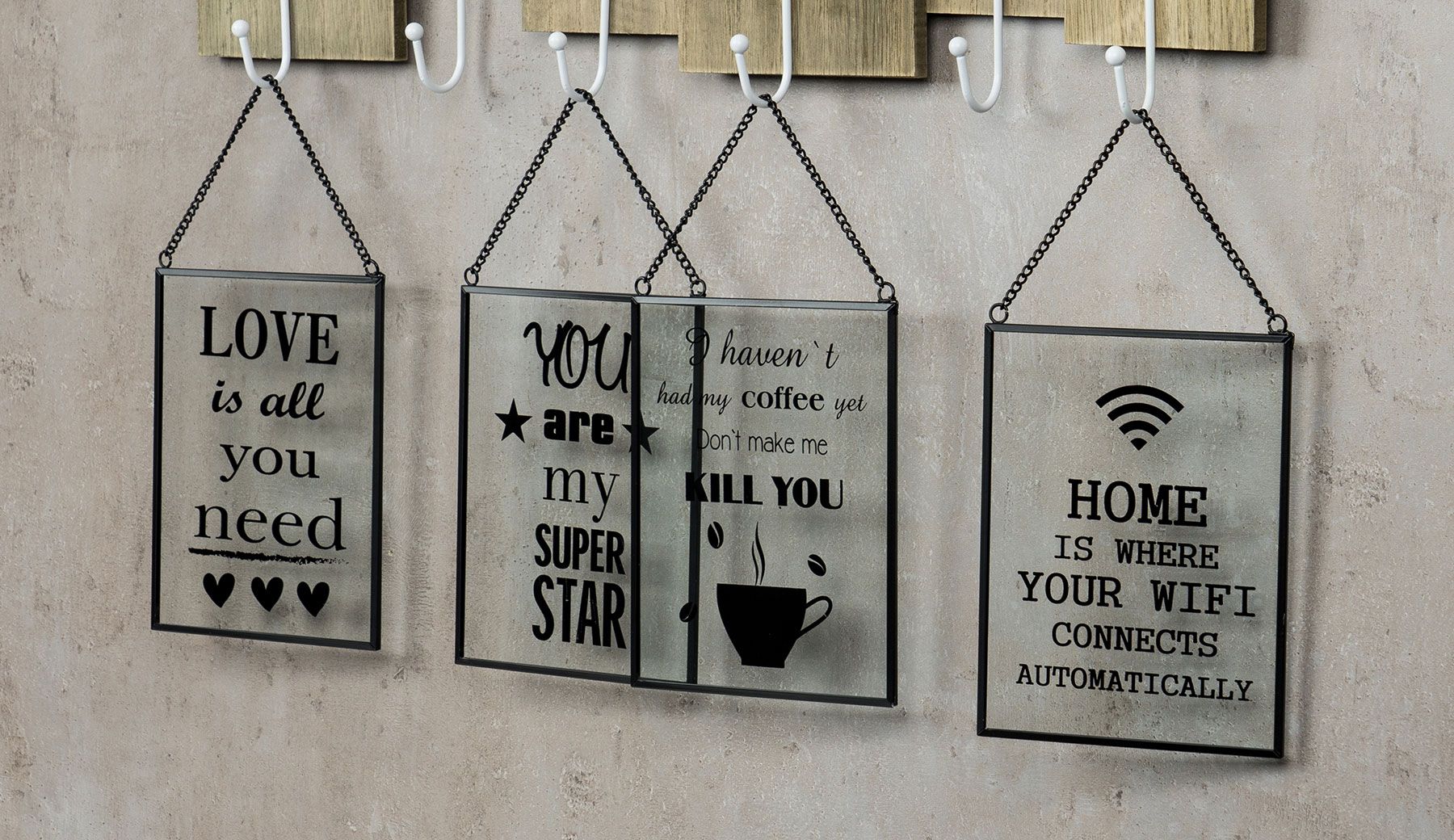 4er Set Glasbild je B x H 13 x 17cm Wandbild Bild Glas Sprüche Wanddeko